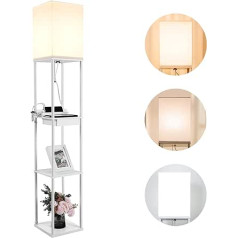 BBHome modernā grīdas lampa ar plauktu, kas izgatavots no koka un metāla, 3 krāsu temperatūras, 2 USB uzlādes pieslēgvietas un 1 atvilktne, aptumšojama LED grīdas lampa viesistabai, guļamistaba, balta (ar spuldzi)