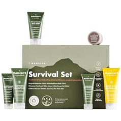 ManCave Survival Geschenkset Männer, 6 Natürliche Pflegeprodukte, Duschgel Männer, Shampoo, Gesichtsreiniger und Peeling, Feuchtigkeitscreme, Vegan, Plastikfreie Packung, Recycling-Kunststoff-Tuben