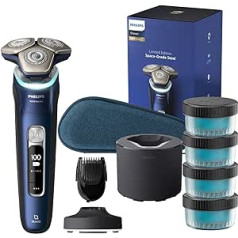 Philips Shaver Series 9000 — Elektrischer Nass-und Trockenrasierer für Männer in Blau mit Lift and Cut System, SkinIQ Technologie, ausklappbarem Trimmer, Ladestation und Reisetasche (Modell S9980/74)