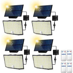 ZEEQII iepakojums, kurā ir 4 saules gaismas āra apgaismojums, 122 LED saules gaismas ar kustības sensoru, 3 režīmi, 180° apgaismojuma leņķa saules starmeši āra tālvadības pultij, saules sienas gaisma dārzam ar 5 m kabeli