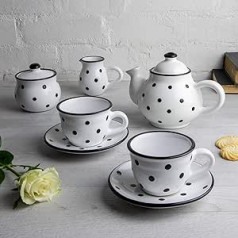 City to Cottage® — keramikas tējas kafijas komplekts 2 | Balts un melns | Polka Dots | Roku darbs | Keramikas tējkanna kafijas kanna 750 ml, piena krūze, cukura bļoda, 2 tases ar apakštasītēm