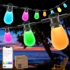 Gaoxun Outdoor Fairy Lights, 15 m, viedās LED WiFi RGBW spuldzes, IP65 ūdensizturīgs, darbojas ar Alexa un Google Assistant, lietotņu vadība, 40 ainas režīmi, 15 gaismas diodes ārā