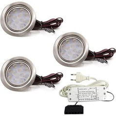 vislux 3 LED Mēbeļu Gaismas Komplekts Padziļināti Prožektori Nerūsējošais tērauds Matēts Plakans 3 W Silti Balts 3200 K 200 lm 12 V + 15 W LED Transformators 230 V viesistabai, virtuvei un vannas istabai