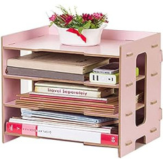 Alvinlite Desk Organiser, Wooden Letter Tray, A4 Storage Compartments, Stackable for Office Organiser, Document Tray, 4-Tier Desk Shelf, Paper Tray, Drawer Box for Home, Office, School (Pink)