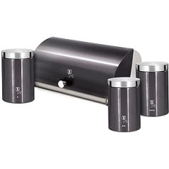 Berlinger Haus Carbon Pro Bread Bin Set + Set of 3 Kitchen Storage Jars Stainless Steel Container for Bread and Pastries, Sliding Lid, Bread Box, Grey/Stainless Steel