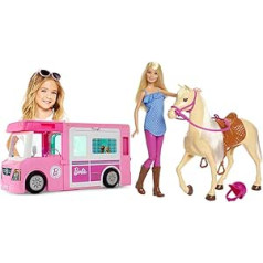 Barbie GHL93 - 3-in-1 Super Adventure Camper FXH13 - Horse with Mane and Doll with Movable Knees, Dolls Toy and Doll Accessories, from 3 Years