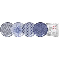 TOKYO dizaina studija Nippon Blue 4 šķīvju komplekts, zils/balts, diametrs 25,7 cm, apm. 3 cm augsts, Āzijas porcelāns, japāņu dizains ar ģeometriskiem rakstiem