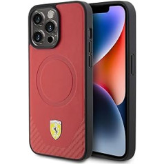 CG MOBILE Ferrari telefono dėklas, suderinamas su Magsafe ir iPhone 15 Pro Max raudonu PU pagrindu, PU anglies pluošto apsauginiu dėklu ir patvariu dėklu su lengvai prisegamu, amortizatoriumi ir parašu logotipu