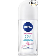 Nivea Fresh Flower Deo Roll On, 6 gabaliņu iepakojumā (6x 50 ml), dezodorants bez alumīnija ar svaigu ziedu aromātu, dezodorants ar 48 stundu aizsardzību kopj ādu.