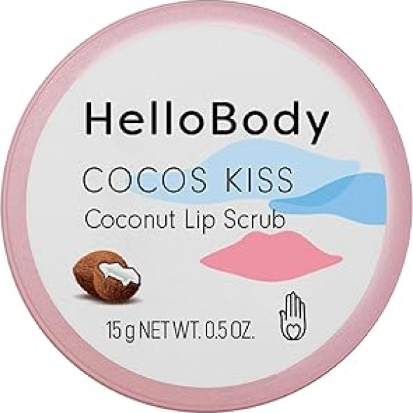 Hellobody Cocos Kiss lūpu skrubis 15 ml - skrubis lūpām un lūpu kopšanai - gludām lūpām - uz cukura bāzes - šī sviests un organiskā mežrozīšu eļļa - 96,3% dabīgas sastāvdaļas