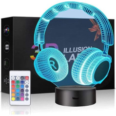 3D Headphones LED Night Light, Creative 3D Illusion Headphones Effect USB Charging LED Night Lamp with 16 Colours for Home/Office Decorations, Touch Table Desk Lamp, Toys and Gifts for Children