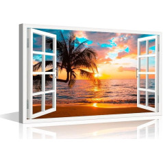 3D Window Effect Coconut Trees Beach Sunset Canvas Wall Art Paintings for Bedroom Living Room Modern Framed Artwork Decorative Bathroom Kitchen Home Decor