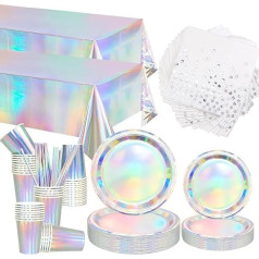 Obussgar 252 iepakojums Iridescent Party Supplies - Hologrāfiskie ballīšu trauki ietver iridescent salmiņus, folijas galdautus dzimšanas dienai Disco kāzām 70. un 80. gadiem - apkalpo 50 cilvēkus