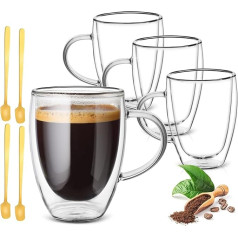Aenmido divsienu stikla kafijas krūzes ar rokturi, kapučīno stikla krūzes, izolētas stikla krūzes, caurspīdīgas stikla krūzes latte, americano, karstiem dzērieniem, tējai, pienam, sulai, saldējumam, 4 x 350 ml, GZB-008