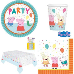 Peppa Pig Set for 16 Children (16 Plates, 16 Cups, 20 Napkins, 1 Tablecloth + 10 Magic Candles) Party Boys Girls