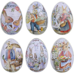 TOYANDONA Easter Egg Box, Creative Cute Tin Rabbit Print Alloy Metal Easter Egg Shape Candy Box 6 Pieces