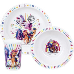 Fun House My Little Pony Pip Izzy Sunny and Zip Meal Set with a Flat Plate Diameter 22 cm, a Deep Plate Diameter 16 cm and a Glass 220 ml for Children