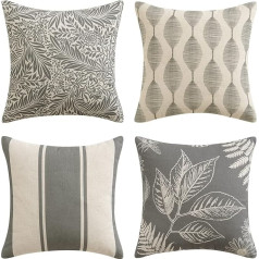 MIULEE Cushion Cover Leaves Cushion Cover Dekoratīvie dīvāna spilvenu pārvalki Linen Look Cushion Stripped Print Dekoratīvie spilveni Square Cover for Living Room Bedroom Set of 4 45 x 45 cm Grey