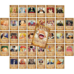 35 Pieces Anime Straw Hat Pirate Wanted Posters, 28 x 20 cm, Aesthetic Wall Collage Sets, Wall Art Print for Boys Room Decoration