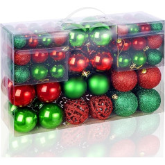 Ziemassvētku Baubles komplekts, 100 gabali, sarkani zaļi klasiskās Ziemassvētku eglītes baubles, plastmasas Ziemassvētku Baubles rotājumi ar pakaramo, nesadalās Ziemassvētku eglīšu rotājumi, kas paredzēti mājas rotājumu piekāršanai,