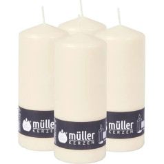 Müller Pillar Candles, 4 sveces, ziloņkaula krāsa, 80 x 200 mm, ilgs degšanas laiks: 32 stundas, bez pilienu vaska sveces, bez aromāta, RAL kvalitāte