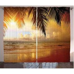 ABAKUHAUS Beach Rustic Sunset Caribbean Palm Trees Bedroom Ruffle Tape Curtain with Tabs and Hooks, 280 x 260 cm, Yellow Orange Blue