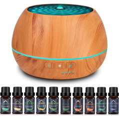 500 ml Aroma Diffuser for Essential Oils, Contains 10 Essential Oils, 23 dB Silent Fragrance Oil Diffuser with 7 Colour Lights, BPA-Free, 4 Timers, Automatic Shut-Off, Wood, LED