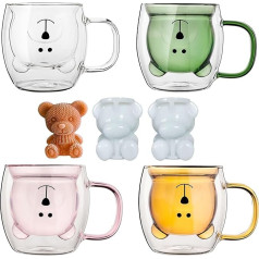 4-Piece Family Package, Cute Bear Cups, Cute Bear Tea Cup, 250 ml, Double-Walled Glass, Bear Cups with Handle, Cute Birthday Gifts for the Office at Home (White, Pink, Green, Brown)