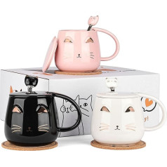 Cat Cups Set of 3 Cute Ceramic Cat Cups with Lid Spoon and Coaster Cat Coffee Cup for Women Children 380 ml Christmas Birthday Cat Gift Mug (Black White Pink)