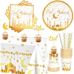 DPKOW Glitter Eid Mubarak dekorēšana (71 gab.), 20 Eid Mubarak salvetes + 10 Eid Mubarak kūku dekorēšana + 1 Eid Mubarak galdauts + 20 lieli šķīvji + 10 krūzes + 10 salmiņi, Eid galda dekorēšana Ramadāna laikā