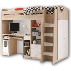 Stella Trading UNIT Cabin Bed with Desk and Cupboard, 90 x 200 cm, Space-Saving Children's Bunk Bed in Sonoma Oak Look, White, 95 x 160 x 204 cm (W x H x D)