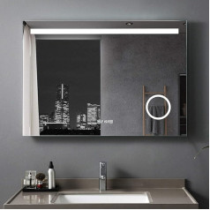 Miqu Vonios veidrodis 120 x 80 cm su apšvietimu LED vonios kambario veidrodis Sieninis veidrodis Šalta balta šviesa Veidrodis su 3x didinimu Mygtuko jungiklis Nuo rūko Laikrodis 1200