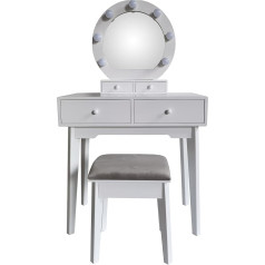 DRW Wooden Table with 4 Drawers with LED Lights and Stool in White, 75 x 40 x 130 cm, Stool 36 x 28 x 45 cm