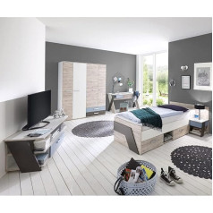 Lomadox Комплект для детской комнаты, дуб песочный с белым, лава голубая, 90 x 200 см, односпальная кровать, шкаф, письменный стол, прикроватная тум