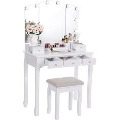 Anwbroad Dressing Table Vanity Set, Tri-fold Mirror with 10 LED Bulbs, Vanity desk, Vanity table with 5 Drawers with 2 DIY Dividers, Padded Stool, Movable Organiser, BDT05