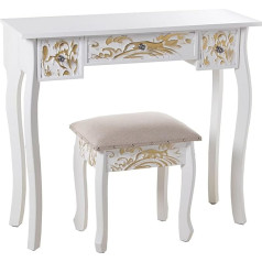 DRW Dressing Table with 3 Drawers Embossed Wood with Stool in White and Gold, 90 x 32.5 x 80 cm and Stool 40 x 34 x 43 cm