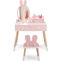 Costway Vaikų tualetinio staliuko rinkinys su triušiuko dizainu, 2-in-1 tualetinis staliukas su veidrodžiu, 2 stalčiais ir lentyna, makiažo rinkinys su medžio masyvo kojomis mergaitėms (rožinis)