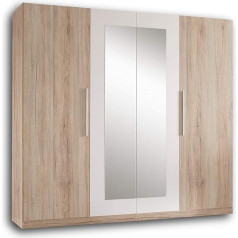 Stella Trading Martina Simple Wardrobe 4 Doors - Versatile Hinged Door Cupboard with Two Mirror Doors in San Remo Oak Look, White - 228 x 213 x 59 cm (W x H x D)