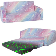 Decalsweet Unicorn 2-in-1 Children's Armchair Glow in the Dark Extra Large Foldable Children's Sofa Back Chair with Fabric Bag, Soft Flip Open Children's Couch for Bedroom Living Room Playroom