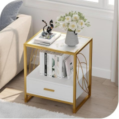 Yitahome Side Table, Metal Frame, Marble Table with Leaf Pattern, Bedside Table, Small Table with Storage Compartment and Drawer, Coffee Table, Small Coffee Table, Sofa Table, Storage Space for Living