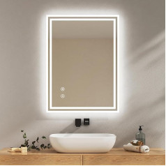 Emke Vannas istabas spogulis ar apgaismojumu 80 x 60 cm Vannas istabas spogulis ar pret miglošanos Cool White Dimmable Touch Memory Function 3 Hour Automatic Shut-Off IP44 Energy Saving