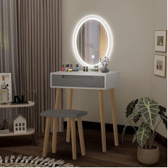 Fullwatt Tualetes galdiņš ar apgaismojumu un spoguli, ar 3 krāsu LED apgaismojumu, atvilktni, polsterētu tabureti un kosmētikas organizētāju, ovāls ozols ozols (ovāls pelēks)
