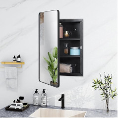 Fundin 40x61cm Black Plastic Mirror Cabinet with Bevelled Edges and Metal Frame with Round Corners Recessed and Surface Mounted