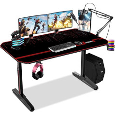 Himimi 140 cm Gaming Table, T-shaped PC Gaming Desk, Workplace Gamer Table, Professional Gaming Table with Full Desk Pad, Cup Holder and Headphone Hook, 140 x 60 x 75 cm