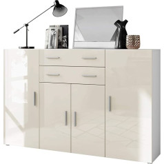 Vladon Aron Highboard Bufete ar 2 atvilktnēm un 4 durvīm ar 8 nodalījumiem aiz tām, balta matēta/krēmkrāsas spīdums (166,5 x 106,5 x 35 cm)