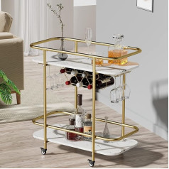 Dawnyield Mobile Drink Trolley with 2 Levels Bar Service Trolley on Wheels with Wine Rack and Glass Holder Modern Rolling Drinks Storage Trolley for Home Kitchen Party (Gold)