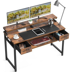 ODK Desk with 2 Drawers, Computer Desk with Keyboard Tray, Office Table, PC Table with Monitor Shelf, Height-Adjustable, 120 x 48 x 87 cm, Gaming Table for Home Office, Brown