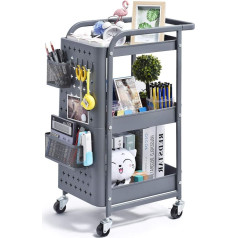 Kingrack 3-Tier Metal Trolley, 3-in-1 Grid Storage Box with Perforated Plate, Hooks, Baskets, Handles, Locking Wheels, Universal Mobile Storage Rack for Kitchen, Office, Garage, Bathroom, etc.