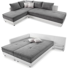 Luma-Home Schönes Für Dein Zuhause Spring Core Corner Sofa 307 x 223 cm, Double Bed Sleep Function, Cold Foam Topper, Bed Box, L Sofa, Pivoting Ottoman Right, Cover Light Grey (Microfibre) - Body White (Faux Leather) / 15104