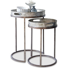 Loberon Set of 2 Saint Mark Side Tables - Two Sizes, Interlocking Removable Trays, Antique Finish, Side Furniture, Storage Table, Iron, Antique Silver